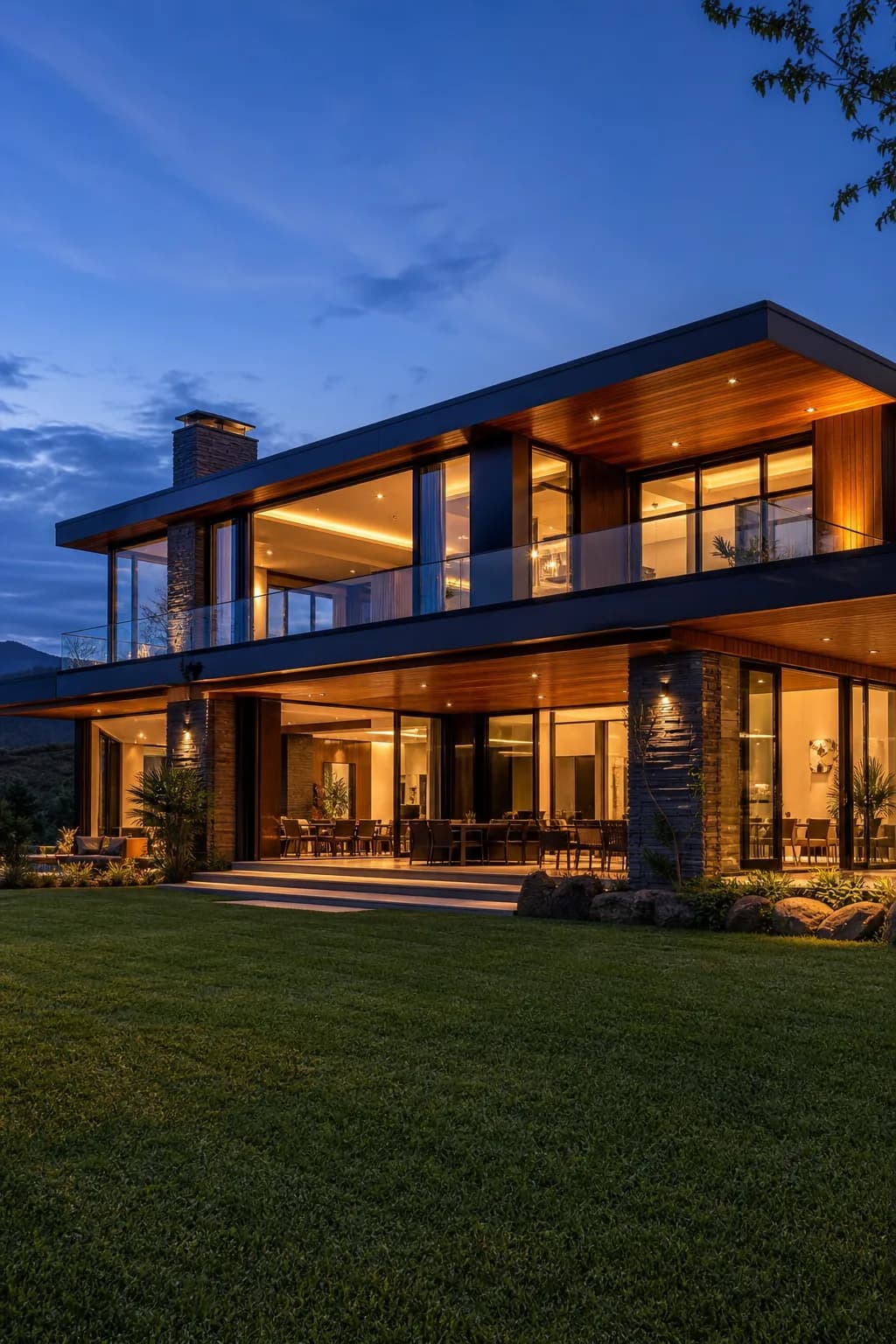 Modern villa exterior at dusk with warm interior lights in Zimbabwe