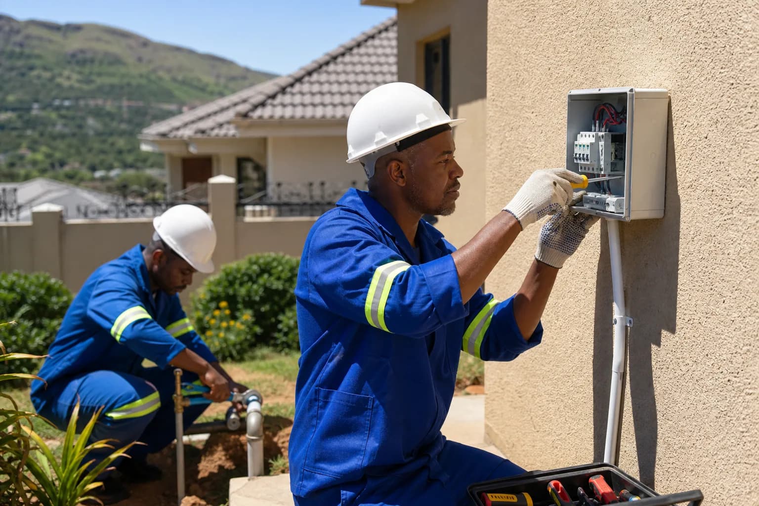 Trades professionals at a suburban Harare home under a clear blue midday sky