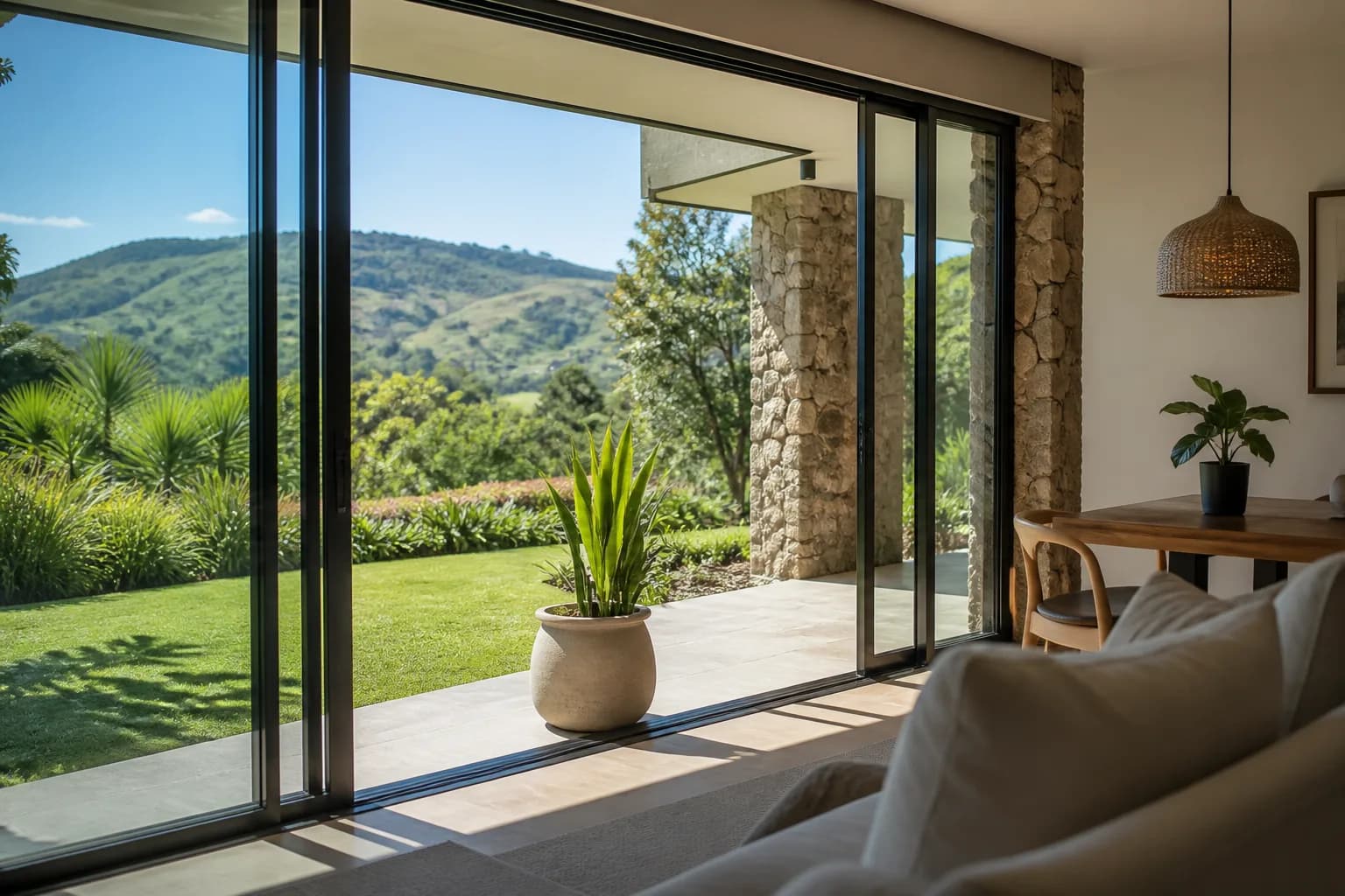 Bright architectural interior looking out to garden and hills in Zimbabwe daylight